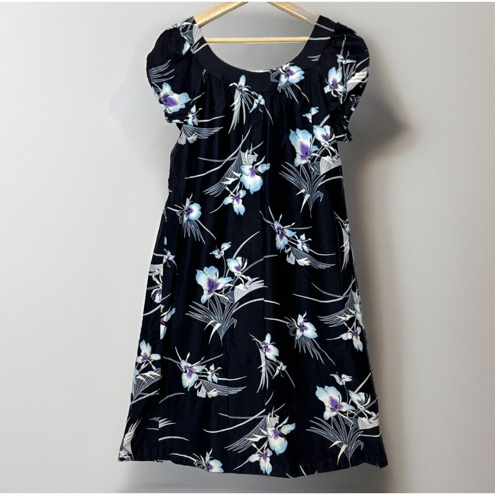 Malihini Hawaii Designers Collection Hawaiian Dress Midi LARGE Black Blue Floral